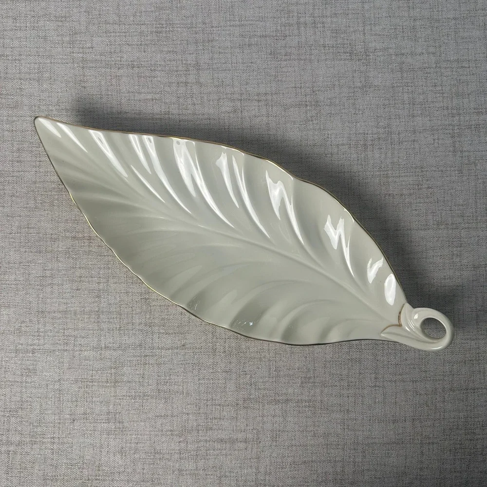 Vintage Lenox Ivory Porcelain Leaf Serving Tray Gold Trim Made in USA